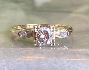 Estate Vintage Art Deco Mid-Century 14K Two-Tone White and Yellow Gold, 2.13gms, .50dtw Diamond Solitaire with Accents Engagement Ring