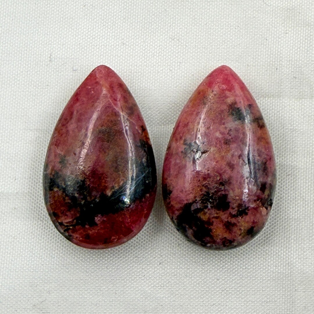 Pink Rhodonite Cabochon Pair Drop Shape Gemstone Cabochons For 