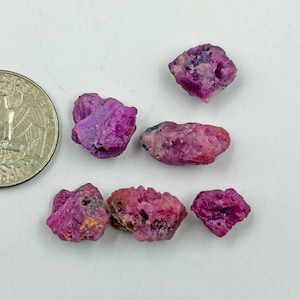Puede incluir: Cinco piedras preciosas de rubí en bruto y sin pulir con tonos magenta y rosa intenso, que presentan superficies irregulares y dentadas con texturas cristalinas. Una moneda de cuarto de dólar estadounidense de 24,26 mm de diámetro se sitúa a la izquierda.