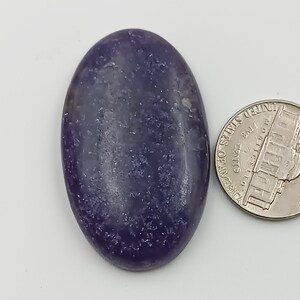 K&ouml;nnte beinhalten: Ein ovaler Cabochon-Edelstein in Lila und Grau mit glitzernder Oberfl&auml;che. Der Edelstein ist etwa so gro&szlig; wie eine deutsche Zehn-Cent-M&uuml;nze.