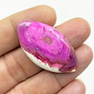 Pu&ograve; includere: Una gemma lucida di forma ovale, con una vibrante tonalit&agrave; magenta, caratterizzata da venature intricate e una base bianca crema. La superficie della pietra &egrave; liscia e riflettente, mostrando un motivo naturale e organico. La gemma &egrave; tenuta in una mano.