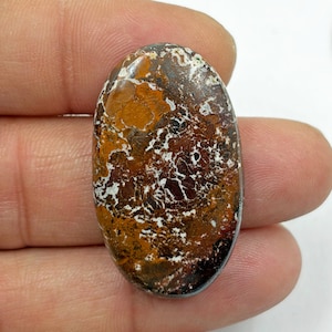 Puede incluir: Una piedra preciosa pulida de forma ovalada que presenta un patrón complejo de tonos marrón oscuro, ocre y negro con intrincadas vetas blancas en toda la superficie. La piedra tiene un acabado liso y brillante y una forma de cabujón simétrica.