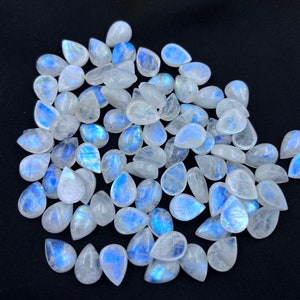 5 Pcs Lot Natural Blue Flash Rainbow Moonstone Pear Cabochon Flatback, Loose Moonstone, Moonstone pair For Jewelry Making