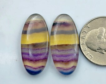 Puede incluir: Dos piedras preciosas de fluorita de forma ovalada con bandas superpuestas de color púrpura, amarillo y marrón. Las piedras están junto a una moneda para comparar el tamaño. Las piedras tienen un aspecto pulido y translúcido.