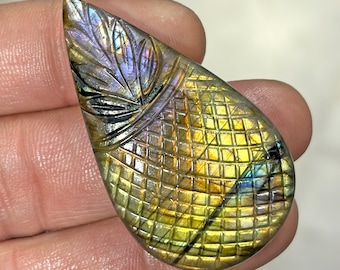 Carved Labradorite Gemstone Cabochon: Natural Teardrop Blue purple yellow  Carving Stone