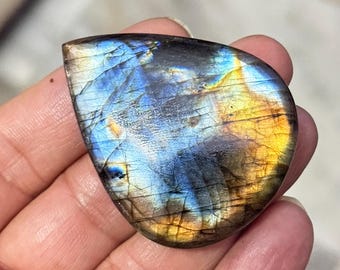 Blue Labradorite Cabochon,  Flashy Teardrop Labradorite loose Gemstone, Rainbow Labradorite large size stone 52x42x6mm 118cts