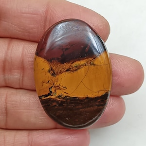 Puede incluir: Una piedra preciosa ovalada con una superficie pulida. La piedra presenta una mezcla de colores, incluyendo borgoña oscuro, ámbar y marrón oscuro. La piedra preciosa tiene patrones y grietas naturales, lo que añade a su apariencia única.