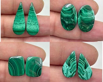 Malachite Pair, Natural Malachite Matching Pair Cabochon, Malachite Gemstone Pair, Loose Malachite Stones for Earrings,  set of 4 pairs