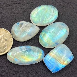 moonstone Lot, Natural Rainbow Moonstone Cabochon, Rainbow Moonstone Cabochon 5 pcs lot, Loose Moonstone Cabochon Weight 122.0 Carats