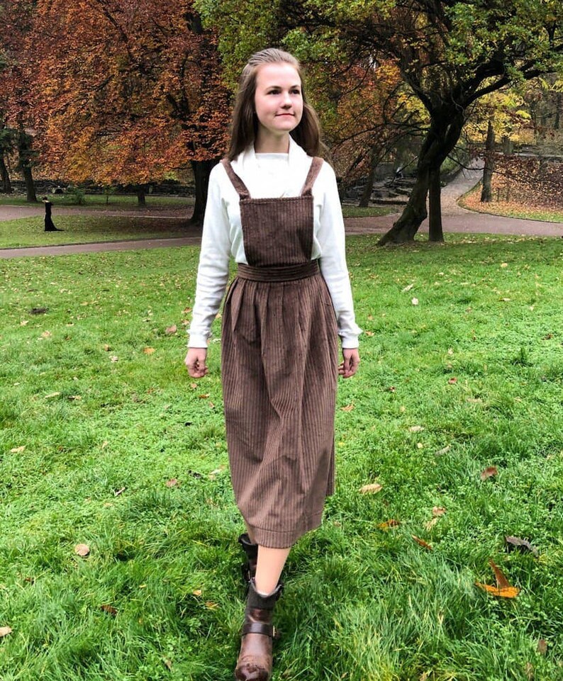 Brown Pinafore Apron Dress Pleated Midi Skirt Corduroy Etsy