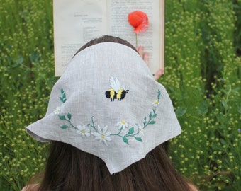 Linen Headscarf Cottagecore Accessories Spring Summer, Personalized Embroidery Headscarf Farmhouse, Sunscreen Headscarf Hair Accessories