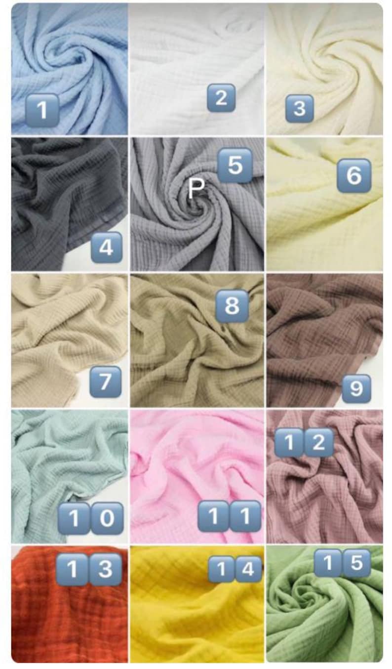 May include: A collection of swirled, textured fabric samples in various colors, including light blue, white, cream, gray, and pink. Each sample is numbered for easy identification. The fabrics appear soft and lightweight.