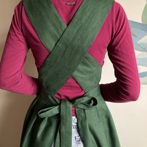 Green Linen Pinafore Apron Dress With Pockets + Half Apron Skirt, Fairycore Clothing Linen Custom Long Overalls Apron For Women Plus Size