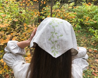 Linen Headscarf Goblincore Hair Accessories Summer, Personalized Forest Embroidery Headscarf Cottagecore, Bandana Headband Women