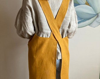 Linen Cross Back Apron XS-5XL Plus Size, Wrap Smock Japanese Apron W/ Pockets, Pinafore Art Work Reversible Apron For Women Men Easter Gift