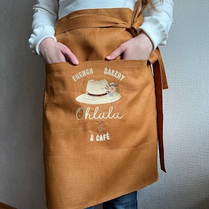 Custom Linen Half Apron With Pocket, Embroidered Long Waist Aprons For Women Men, Personalised Logo Bistro Apron