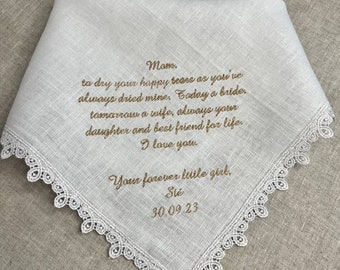Pañuelo de lino bordado de boda, pañuelo de encaje personalizado para mamá papá, favores de regalo de boda de madre novia, regalos personalizados de mamá novio
