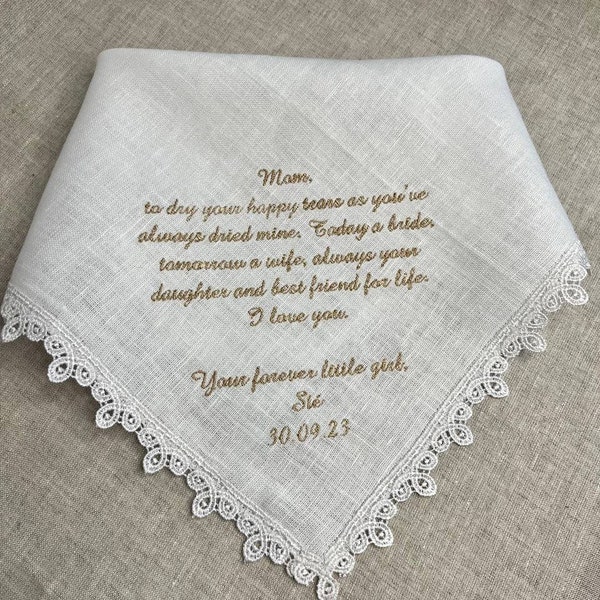 Wedding Embroidered Linen Handkerchief, Custom Lace Handkerchief For Mom Dad, Mother Bride Wedding Gift Favors, Personalised Mom Gifts Groom