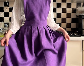 Purple Linen Pinafore Long Apron Dress Plus Size, Women Apron Shoulder With Pockets Custom Color and Size Anniversary Gift For Wife
