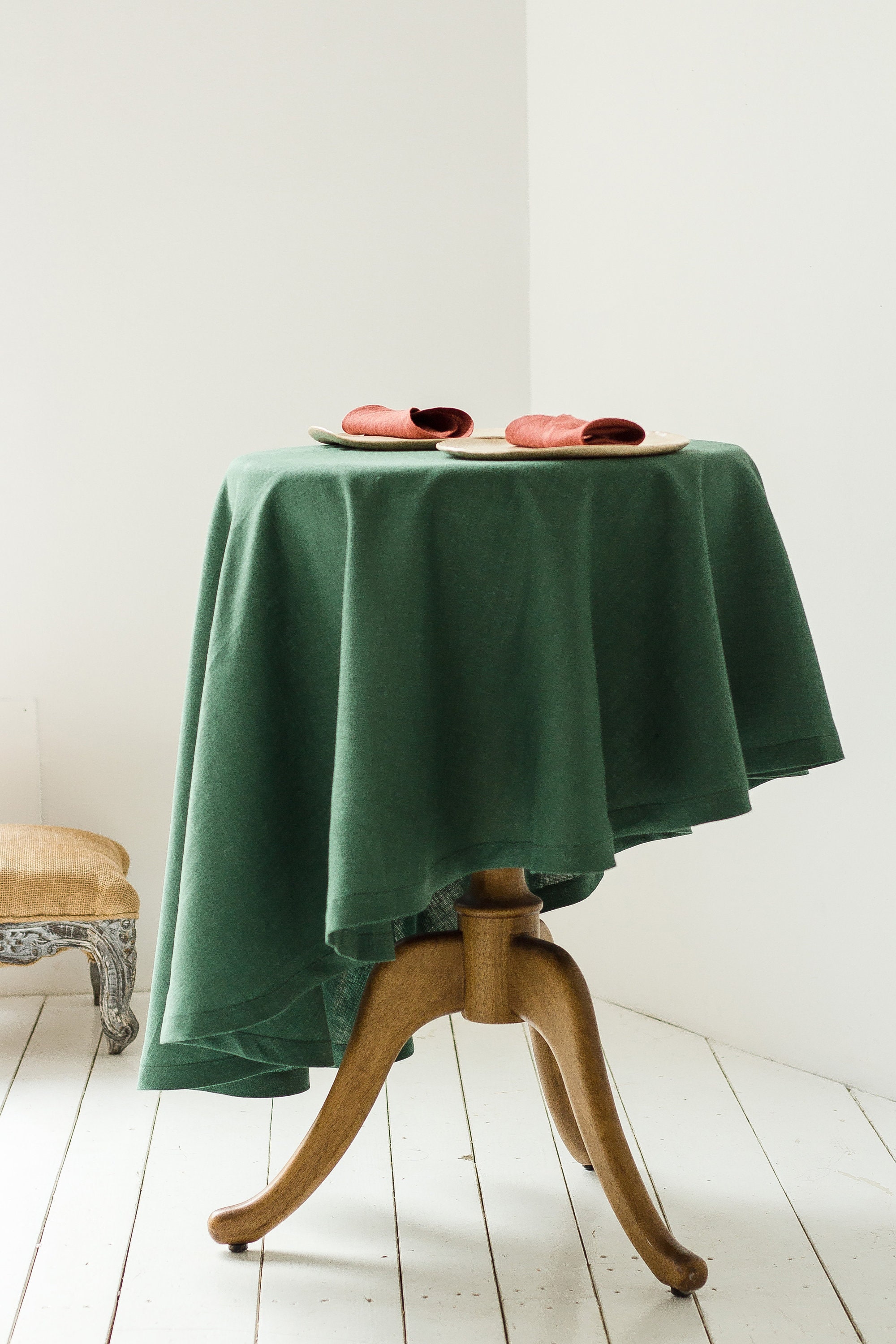 Green Linen Round Tablecloth Vintage Custom White Wedding Etsy