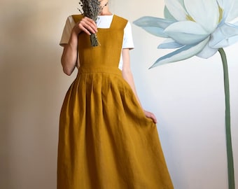 Mustard Linen Pinafore Apron Dress + Half Apron Skirt, Cottagecore Cross Back Apron in 21 colors, Linen Custom Apron For Women Plus Size