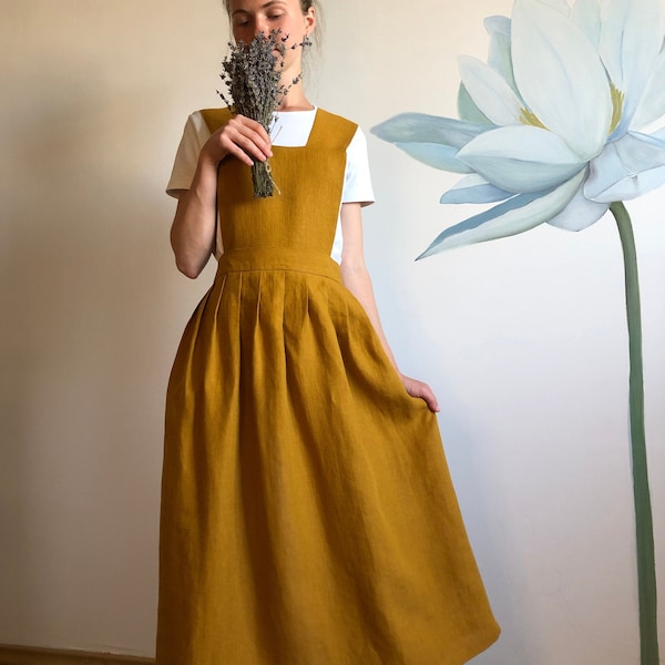 Mustard Linen Pinafore Apron Dress + Half Apron Skirt, Cottagecore Cross Back Apron in 21 colors, Linen Custom Apron For Women Plus Size