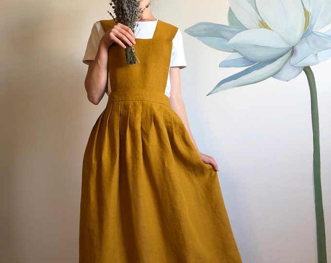 Mustard Linen Pinafore Apron Dress + Half Apron Skirt, Cottagecore Cross Back Apron in 21 colors, Linen Custom Apron For Women Plus Size