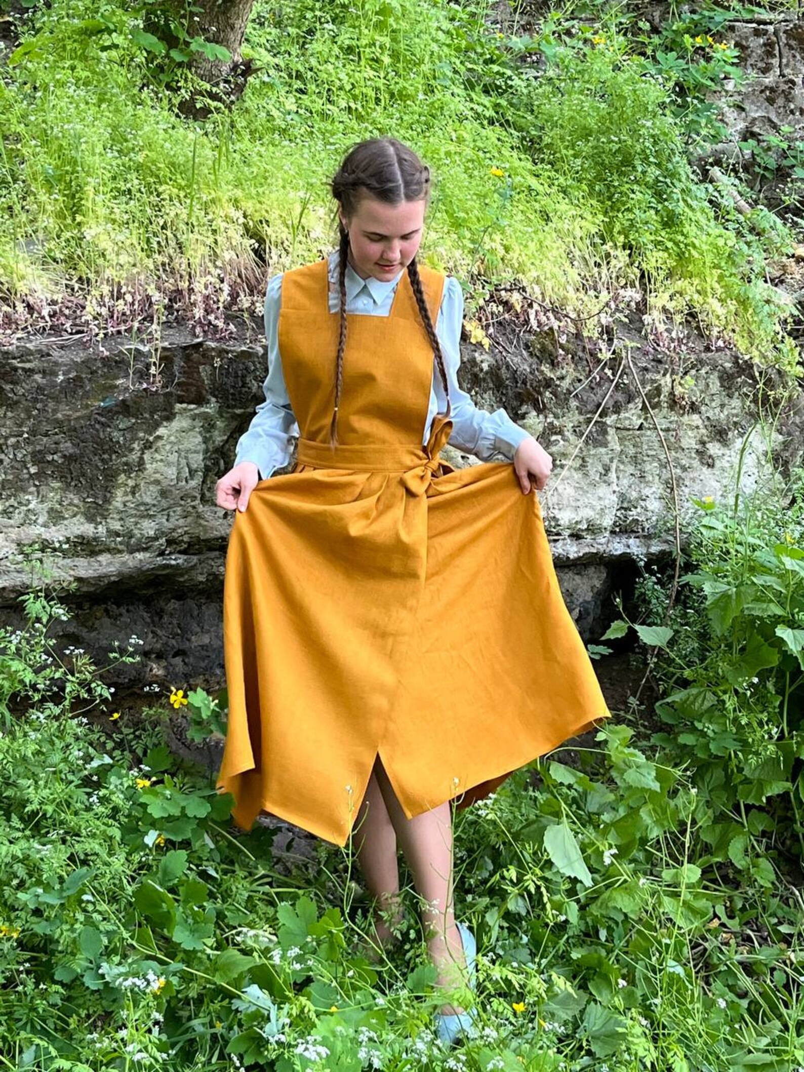 Mustard Linen Overalls Dress Wrap Skirt Cottagecore Cross Etsy