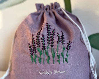 Personalized Linen Bread Bag Gifts Kitchen Storage Home Decor, Cottagecore Decor Reusable Lunch Baguette Drawstring Bags W/ Hand Embroidery