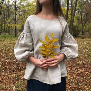 Linen Blouse With Ruffled Bottom and Puffy Sleeves For Women, Cottagecore Natural Linen Blouse Womens Clothing Plus Size, Victorian Blouses