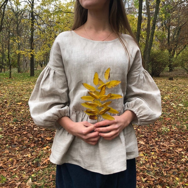 Chemisier en lin avec bas à volants et manches bouffantes pour femmes, chemisier en lin naturel Cottagecore Vêtements pour femmes taille plus, chemisiers victoriens