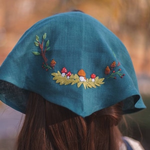 Goblincore Linen Headscarf Mushroom Embroidery, Custom Triangle Kerchief Head Cover Accessories, Cottagecore Embroidered Bandana Headband