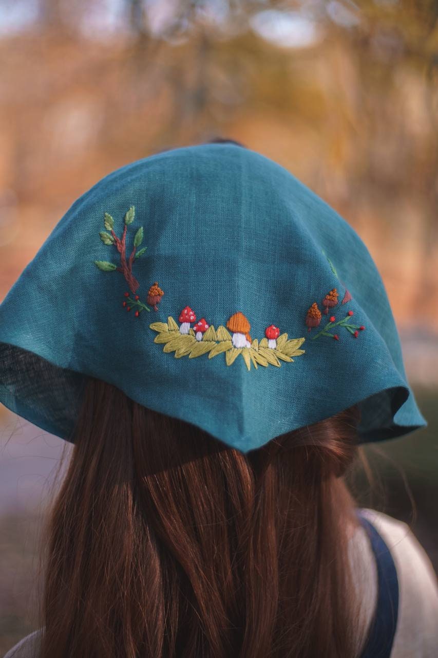 Goblincore Linen Headscarf Mushroom Embroidery, Custom Triangle Kerchief Head Cover Accessories, Cottagecore Embroidered Bandana Headband