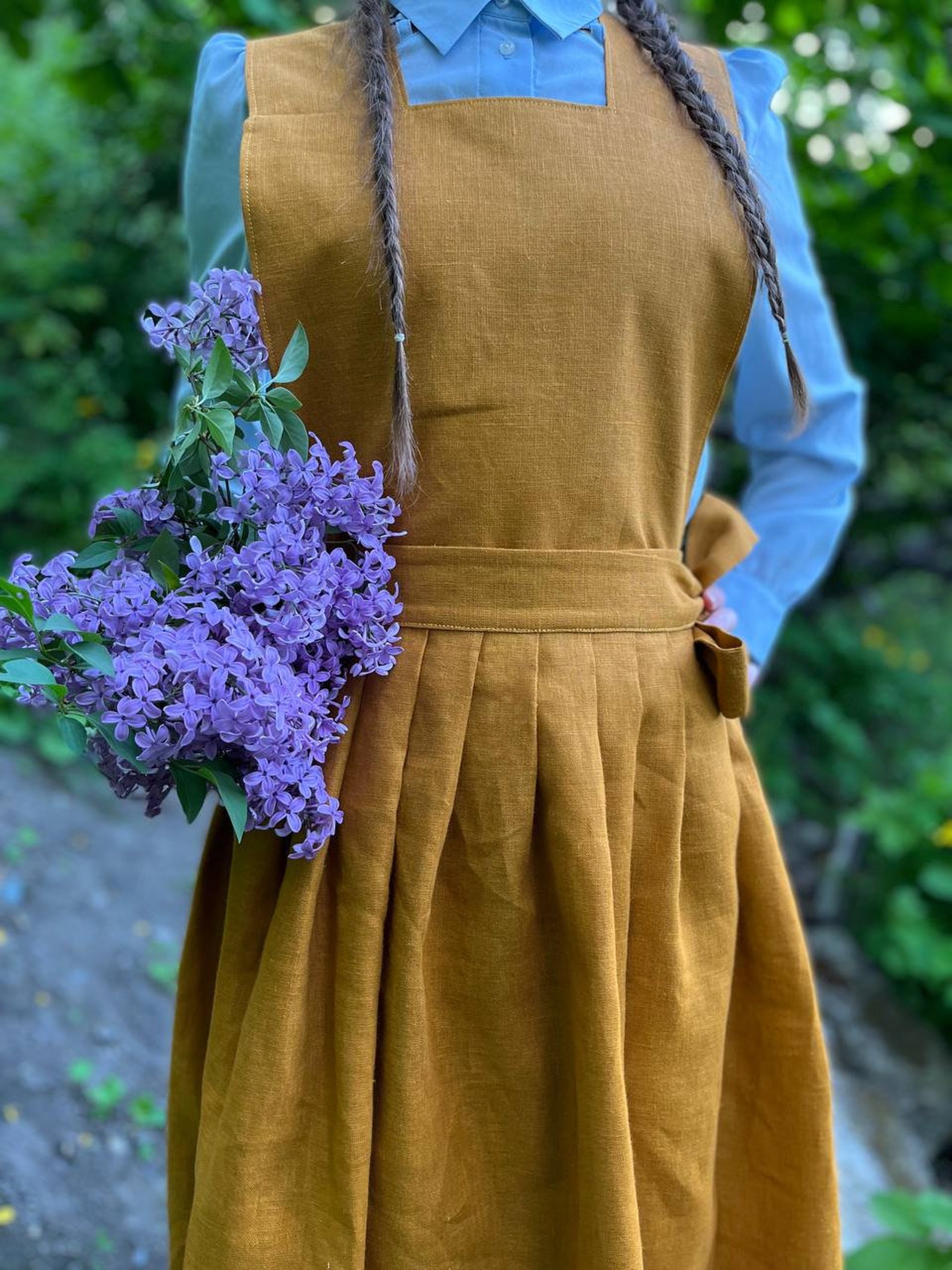 Mustard Linen Overalls Dress Wrap Skirt Cottagecore Cross Etsy