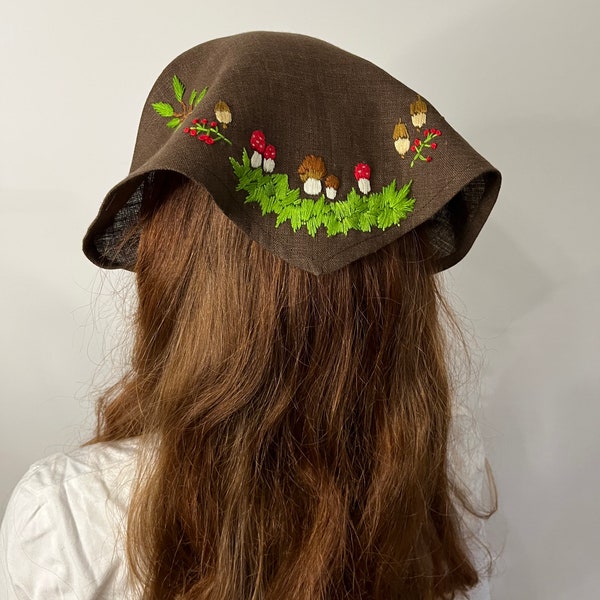 Pañuelo de lino Accesorios para el cabello Fairycore para la primavera, Pañuelo de bordado Goblincore de hongos Amanita, Regalo del Día de la Mujer Cottagecore Bandana