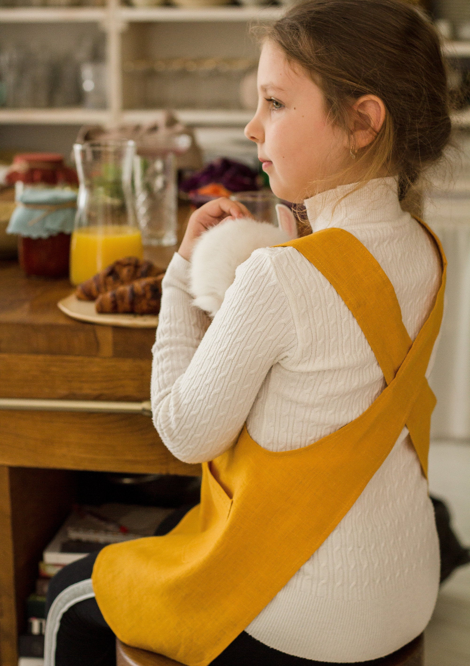 Tablier Arrière Croisé en Lin Pour Enfants avec Poches Garçons et Filles, Tabliers de Cuisine Person