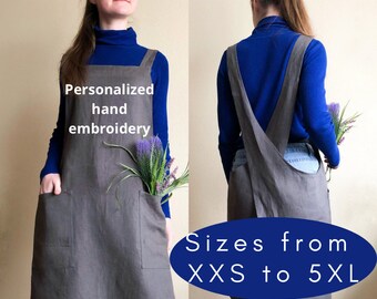 Personalized Linen Japanese Apron Plus Size XXS-5XL, Hand Embroidery Cross Back Apron Personalized Gifts for Men Mothers Day Wedding Gift