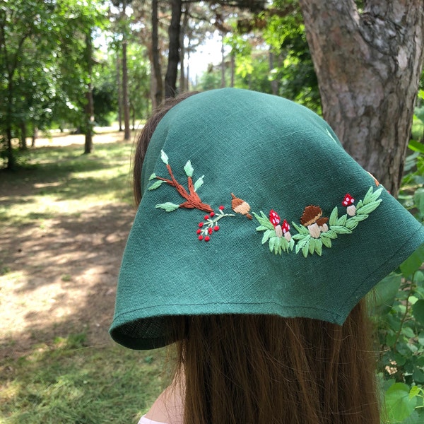 Linen Headscarf Goblincore Hair Accessories Summer, Personalized Mushrooms Embroidery Headscarf Cottagecore, Bandana Headband Women