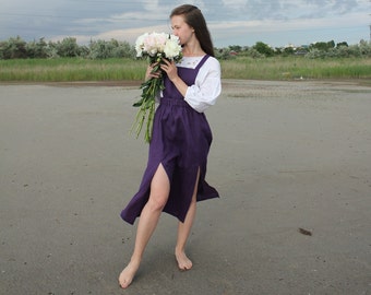 Purple Linen Sundress + Skirt Cottagecore Clothing Plus Size, Custom Linen Overall Dresses for Women, Linen Pinafore Vintage Dress Summer