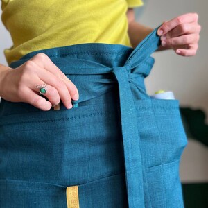 Linen Half Apron 6 Pockets Men Women Garden, Waist Short Grilling Work Apron Plus Size, Cooking Baking Bistro Check Apron Waitress Ukraine image 4