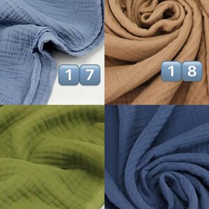 May include: Close-up of four swatches of fabric in different colors. The colors are blue, tan, olive green, and navy blue. Each swatch has a textured, crinkled appearance. Numbers 17, 18, 19, and 20 are displayed on the swatches.