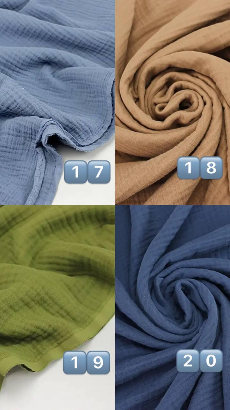 May include: Close-up of four swatches of fabric in different colors. The colors are blue, tan, olive green, and navy blue. Each swatch has a textured, crinkled appearance. Numbers 17, 18, 19, and 20 are displayed on the swatches.