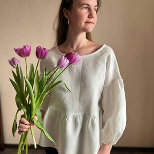 White Linen Blouse Puffy Lantern Sleeve With Ruffled Bottom Oversize, Women Victorian Cottagecore Tops Custom Plus Free Size Linen Shirt