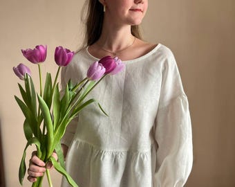 White Linen Blouse Puffy Lantern Sleeve With Ruffled Bottom Oversize, Women Victorian Cottagecore Tops Custom Plus Free Size Linen Shirt