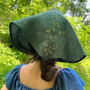 Linen Headscarf Goblincore Hair Accessories Summer, Personalized Forest Embroidery Headscarf Cottagecore, Bandana Headband Women