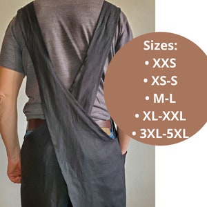 Delantal de lino con espalda cruzada (XXS-5XL), delantal japonés de lino con bolsillos, delantal reversible de lino sin lazos, talla grande, ideal como regalo para mujeres y hombres.