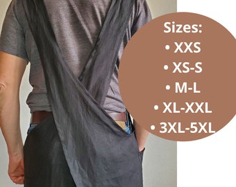 Delantal de lino con espalda cruzada (XXS-5XL), delantal japonés de lino con bolsillos, delantal reversible de lino sin lazos, talla grande, ideal como regalo para mujeres y hombres.