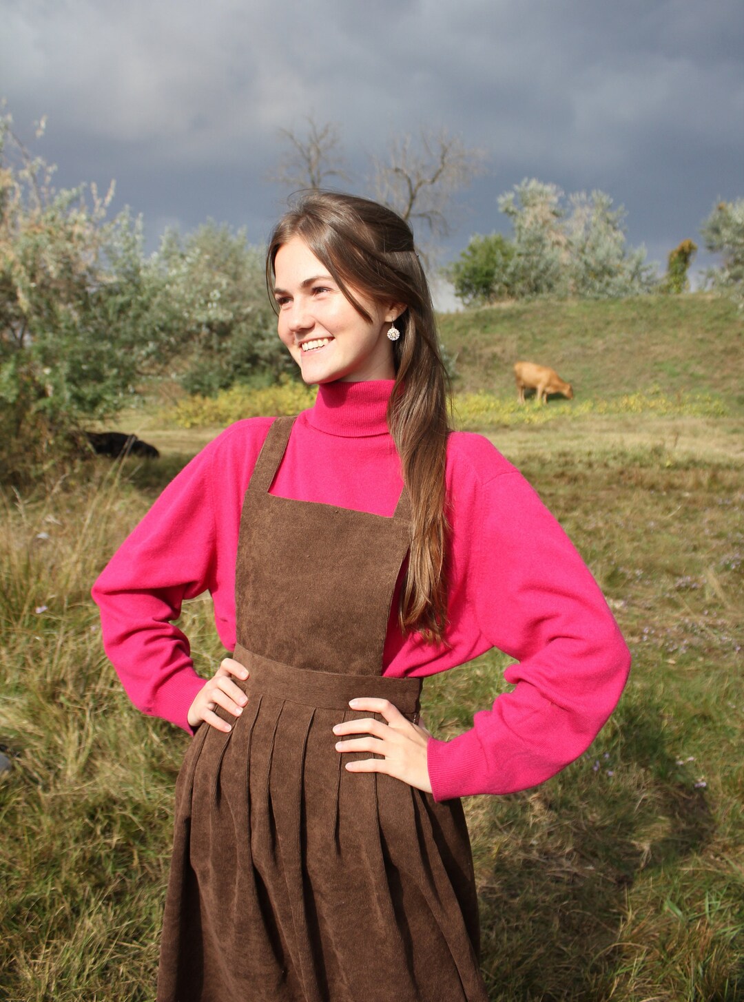 Corduroy Cross Back Apron Dress Skirt W/ Pockets, Cottagecore