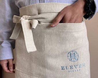 Half Apron With Logo Embroidered, Personalized Harvesting Half Apron W/ Pockets, Custom Dense Quality Linen 9 oz/yd2 (300 g/m2) Waist Aprons