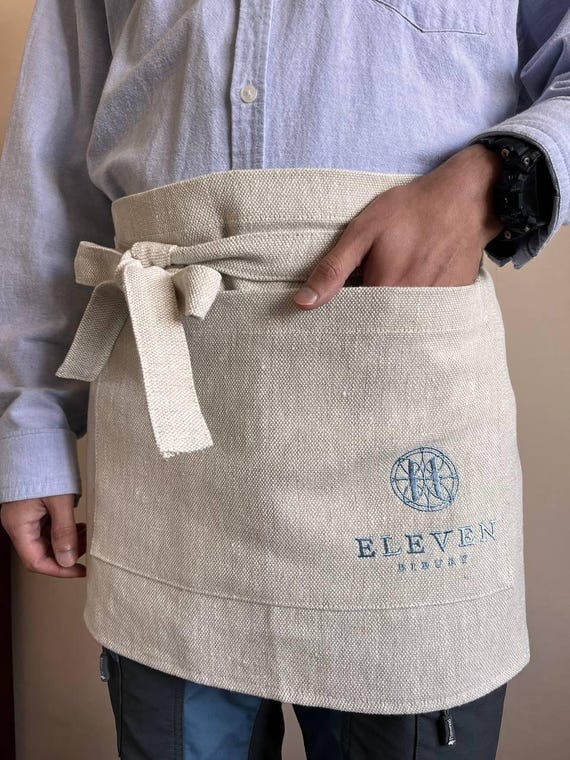 Half Apron With Logo Embroidered, Personalized Harvesting Half Apron W/ Pockets, Custom Dense Quality Linen 9 oz/yd2 (300 g/m2) Waist Aprons
